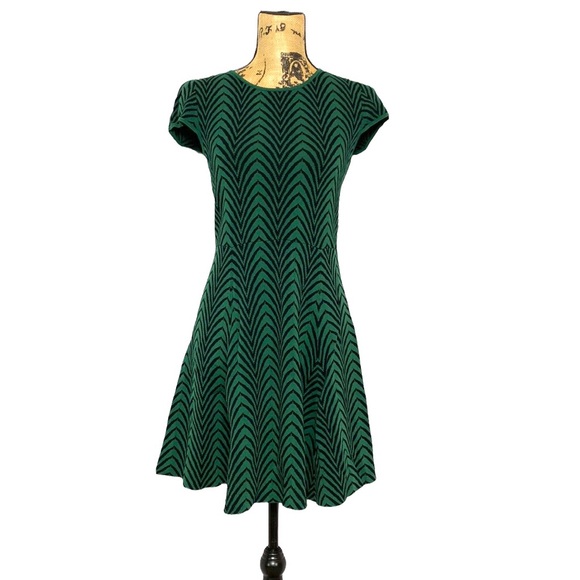 Catherine Malandrino Dresses & Skirts - Catherine Malandrino Green Chevron Zig-Zag Short Sleeve Fit & Flare Mini Dress